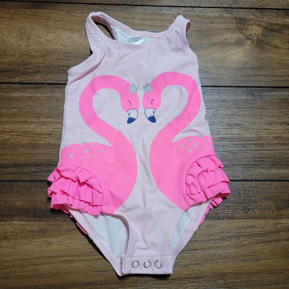Carter's Just One You Infants 1 Pc Swimsuit Double Pink Flamingos - Size 12 Mo - Picture 1 of 5